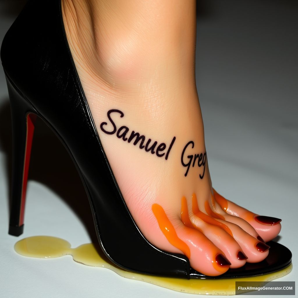 The name "Samuel Greg" on a woman's foot in a black high heel. There is oil all over the foot. - Image