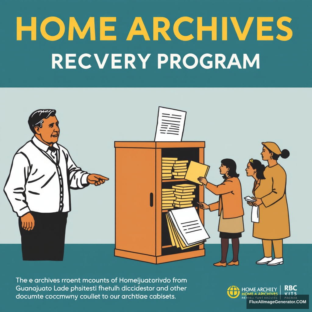 Make a promotional poster for a program called: Home Archives Recovery Program. The poster should depict historical figures from Guanajuato and other citizens depositing documents into an archive cabinet. - Image