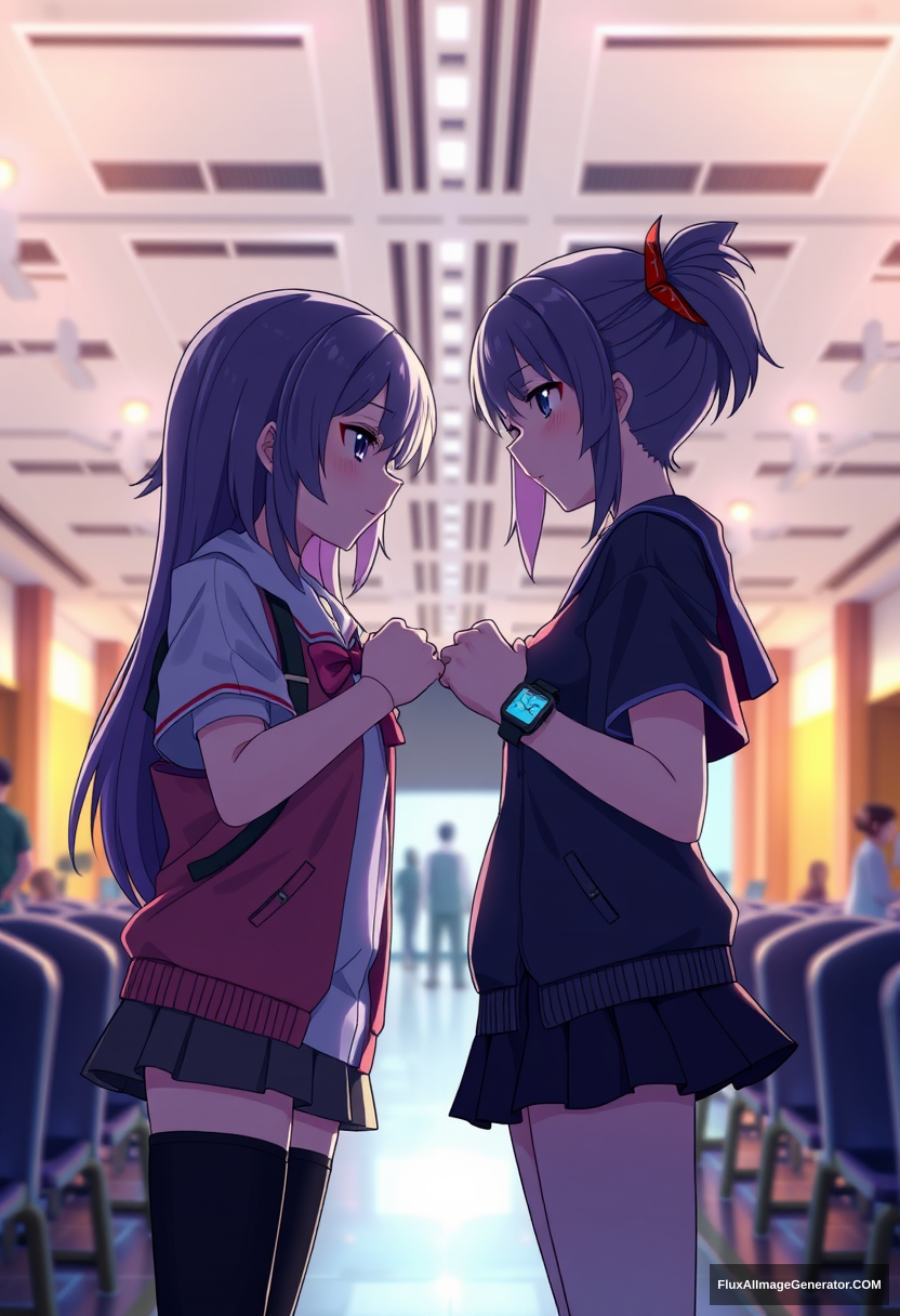 8k unity wallpaper of two girls standing side-by-side and looking at their watches, beautiful modern anime illustration, cinematic lighting, indoors, conference hall.