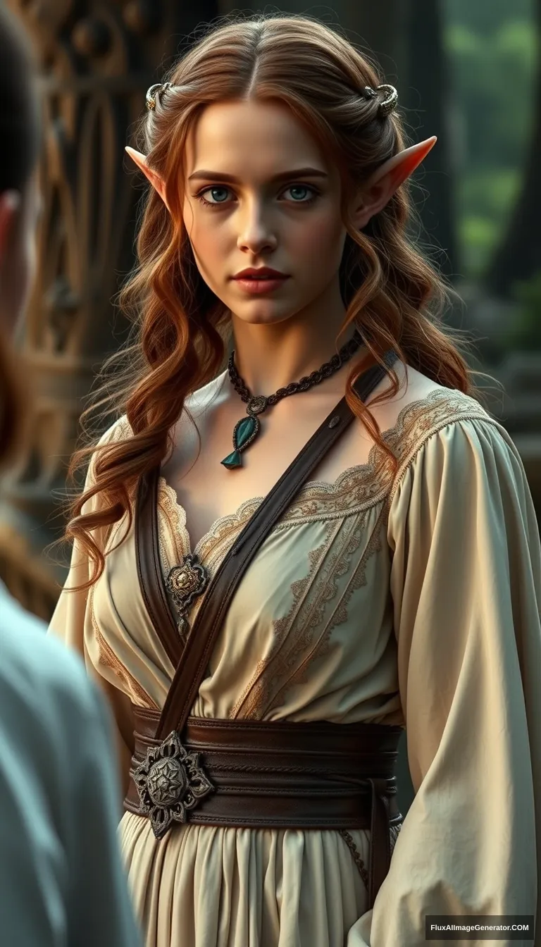 An elegant and gorgeous elf warrior (Emma Watson) talks to her friends. - Image