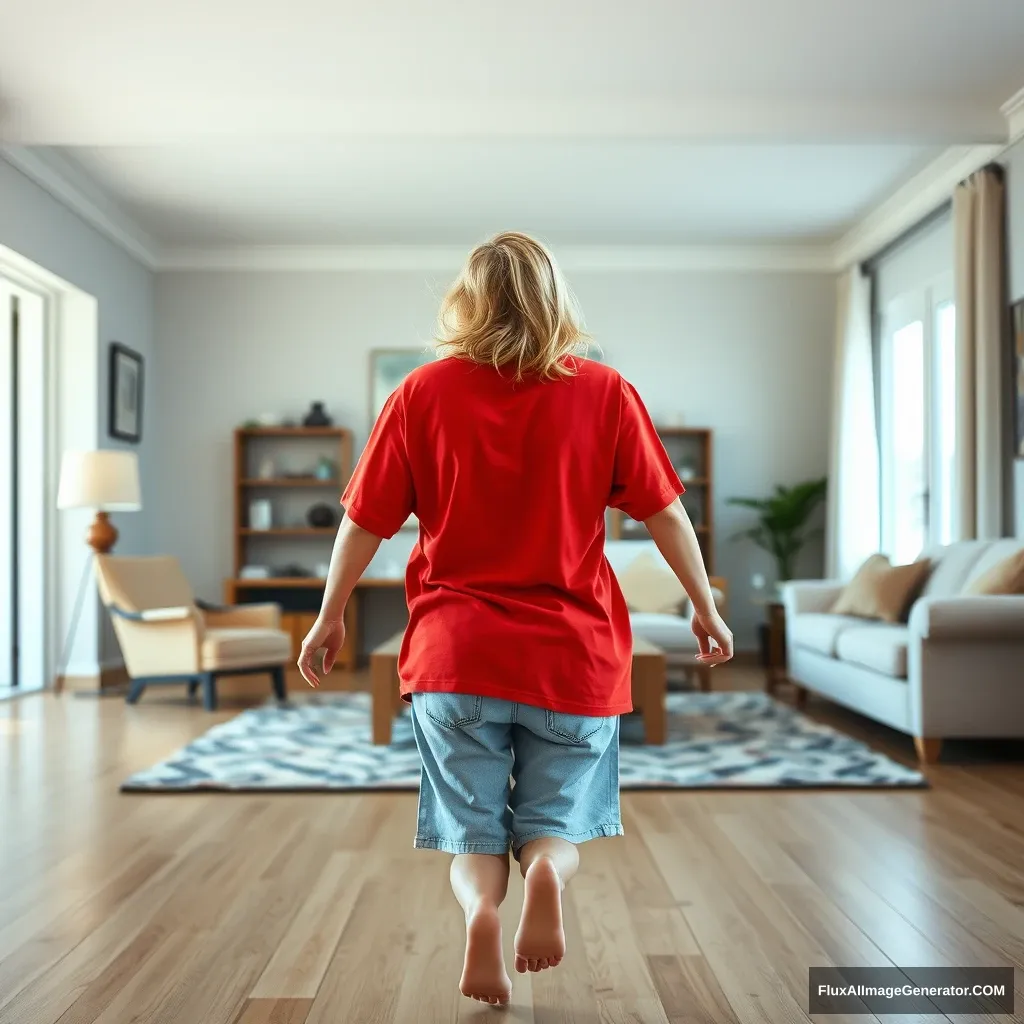 Front view of a blonde skinny woman in her large living room, wearing a massively oversized red polo shirt that is very unbalanced on one shoulder, and big light blue denim shorts that reach her knees. She is barefoot, facing the camera as she gets off her chair and runs towards it with both arms straight down by her sides. - Image