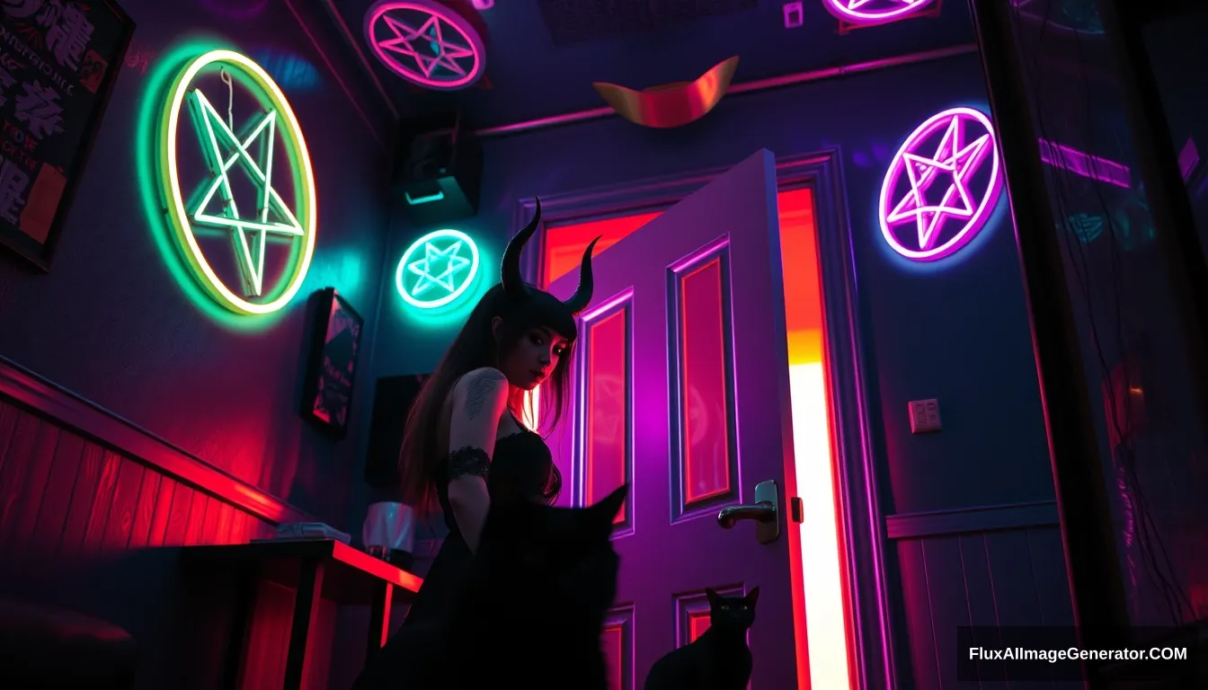 Portrait of a couple: A beautiful goth demon woman steps through a glowing door into a dimly lit cyberpunk room with vibrant neon hues reflecting off metallic surfaces, neon pentagrams on the wall and ceiling, and a black cat lurking.