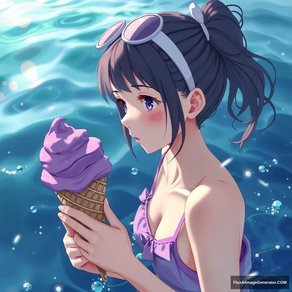 1 girl, purple ice cream, photorealistic, in the ocean - Image