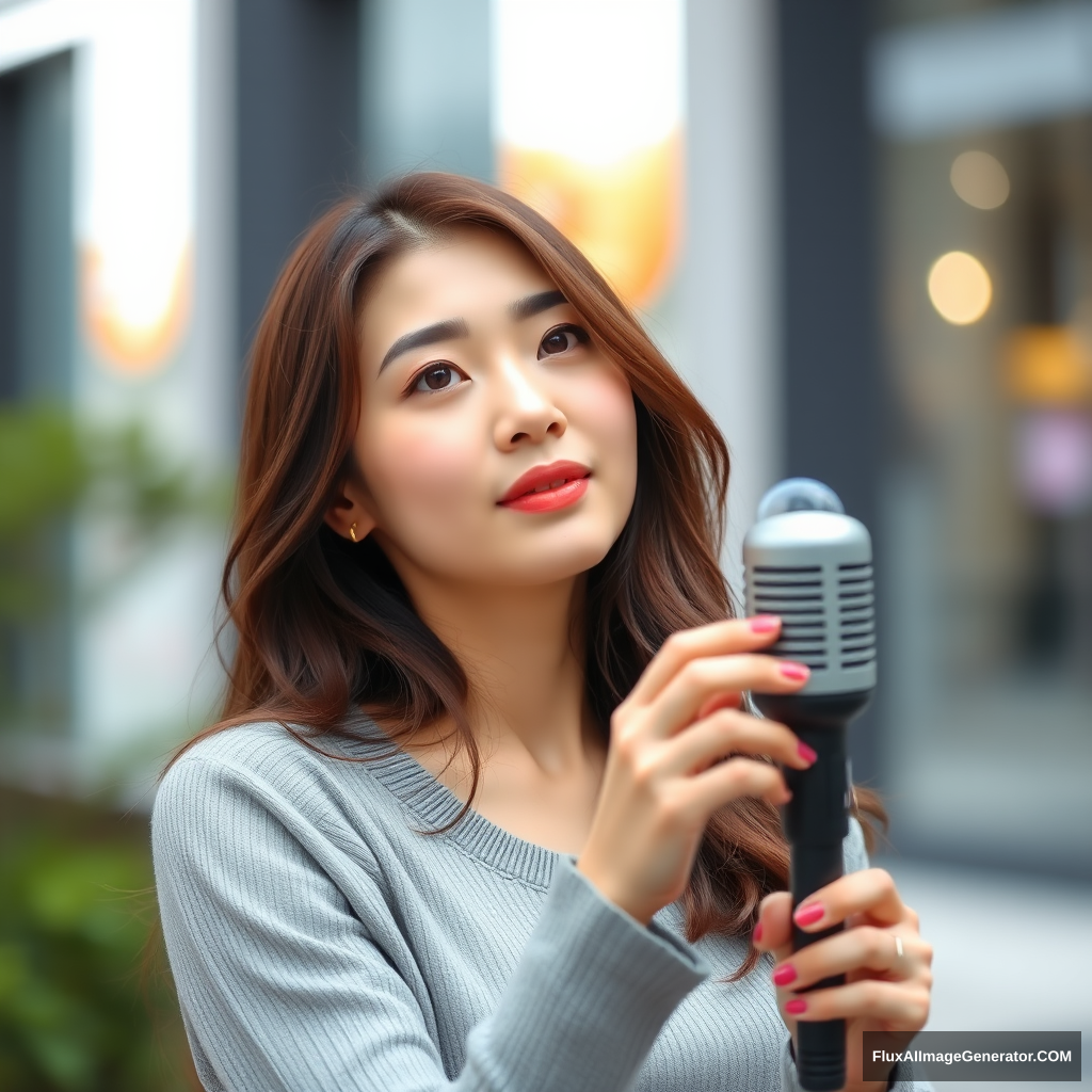 A beautiful Korean woman is looking at me while holding a handheld microphone.