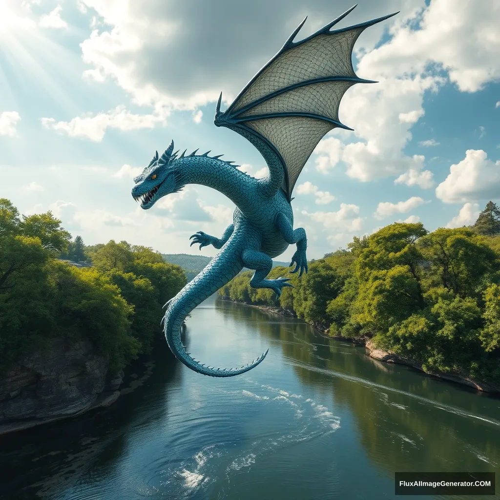 /imagine prompt: A hyper-realistic photograph of a western dragon flying high in the sky, its scales gleaming in blue and silver with intricate, lifelike reptilian texture, powerful wings flapping, dynamic pose, aerial view from the river below. The river flows calmly with crystal-clear water, perfectly reflecting the dragon above, surrounded by lush, verdant trees with visible leaves. The sky is partly cloudy with rays of sunlight piercing through, highlighting the dragon's form in stunning clarity, hd quality, vivid style --ar 16:9 --v 6.0 - Image