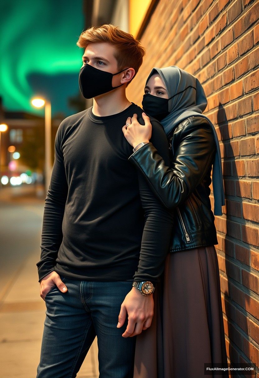 Jamie Dornan, tall, young, wearing a black face mask, a black long-sleeve playboy t-shirt, and jeans, 

dating a beautiful Muslim girl in a grey hijab with beautiful eyes, a black face mask, and a leather jacket, who wears a very long and wide skirt, not a tall girl, 

lying on his shoulder, hugging him from behind, flirting with him, near a brick wall in town, photorealistic, street photography, night scenery, aurora borealis. - Image