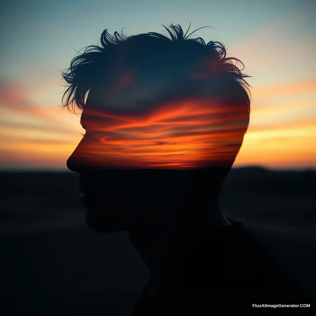 "[Abstract style of dusk, desert, shackles] within the outline of [a man's] head, this is a double exposure photo. Non-figurative, colors and shapes, emotional expression, imaginative, very detailed."