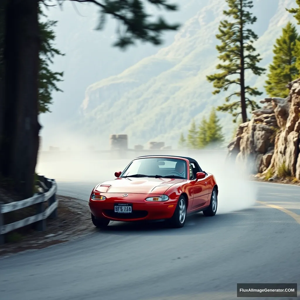 Create an image of a red 1991 Mazda Mx5 drifting on a mountain road. - Image