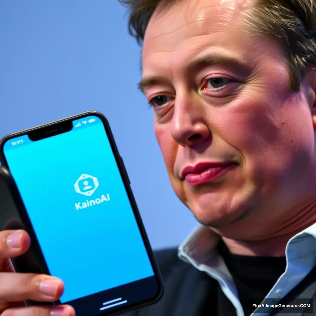 Elon Musk sostiene un teléfono y la pantalla del teléfono muestra la aplicación KainoAI, el fondo es OpenAI.