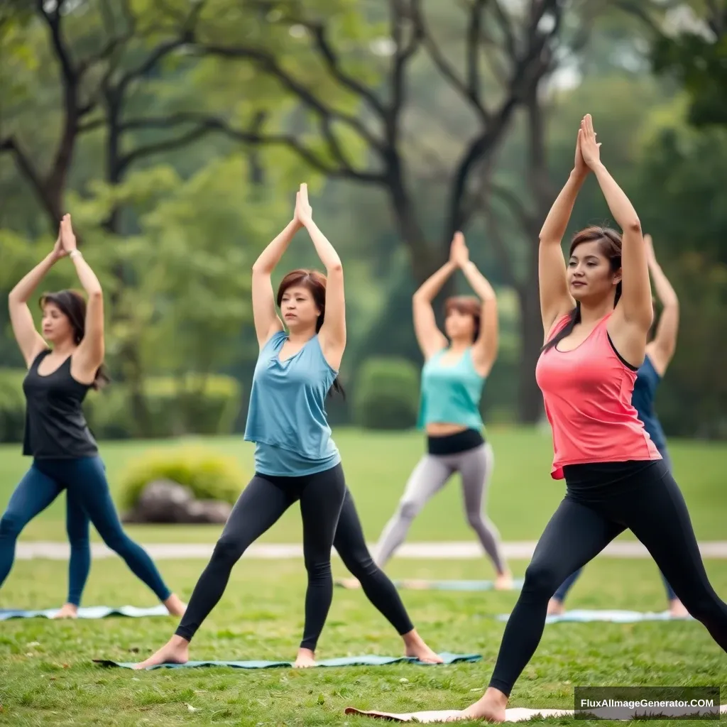 "Women doing yoga in a park, Asians, young married women, yoga pants, yoga sports vests." - Image