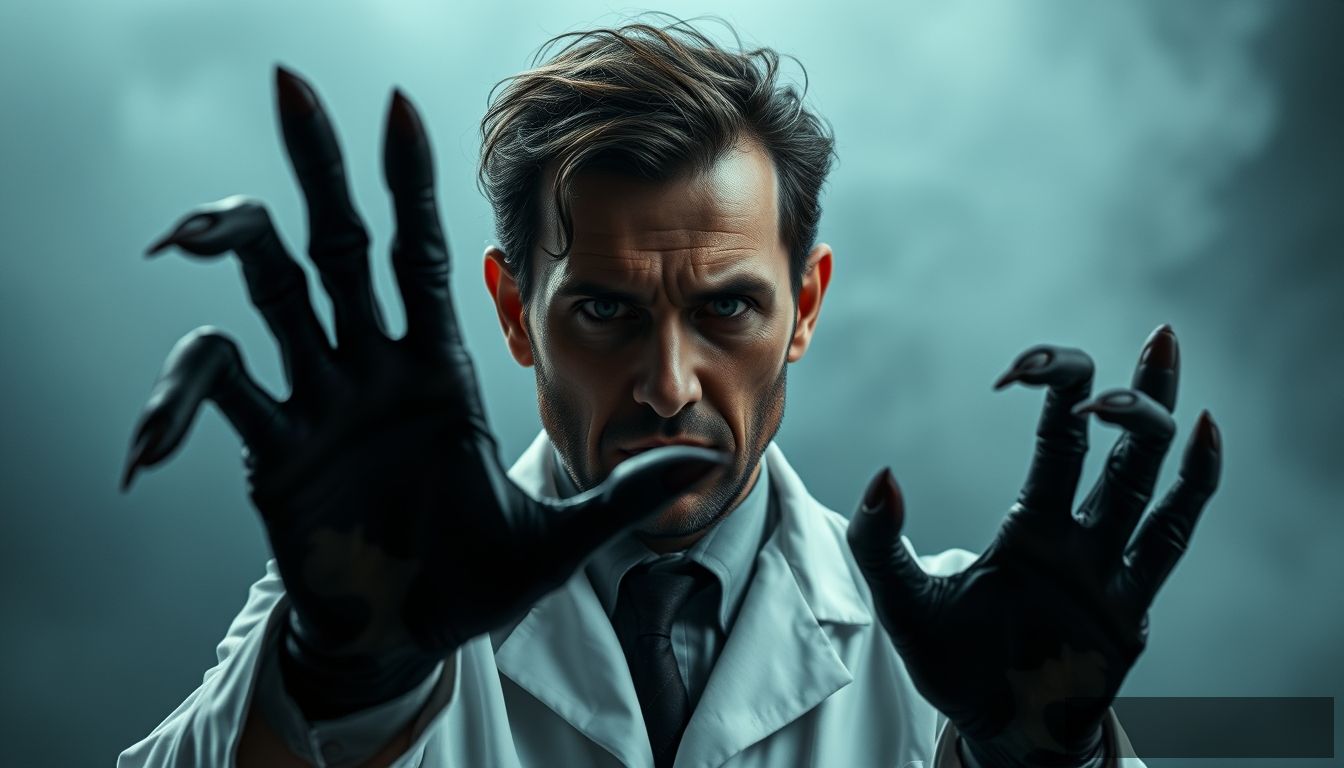 Horror creature, a male scientist with his right hand being a monster, a black hand with 7 fingers. - Image