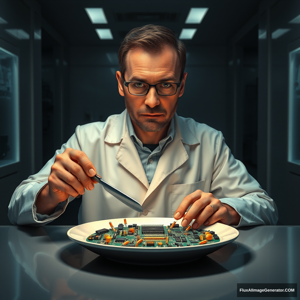 A meticulous engineer dines alone in a sleek, dimly-lit laboratory. Hyper-realistic details reveal his pristine white coat, furrowed brow, and steady hands wielding a silver knife and fork. On his plate, an intricate arrangement of gleaming microchips, resistors, and LEDs replaces traditional food. - Image