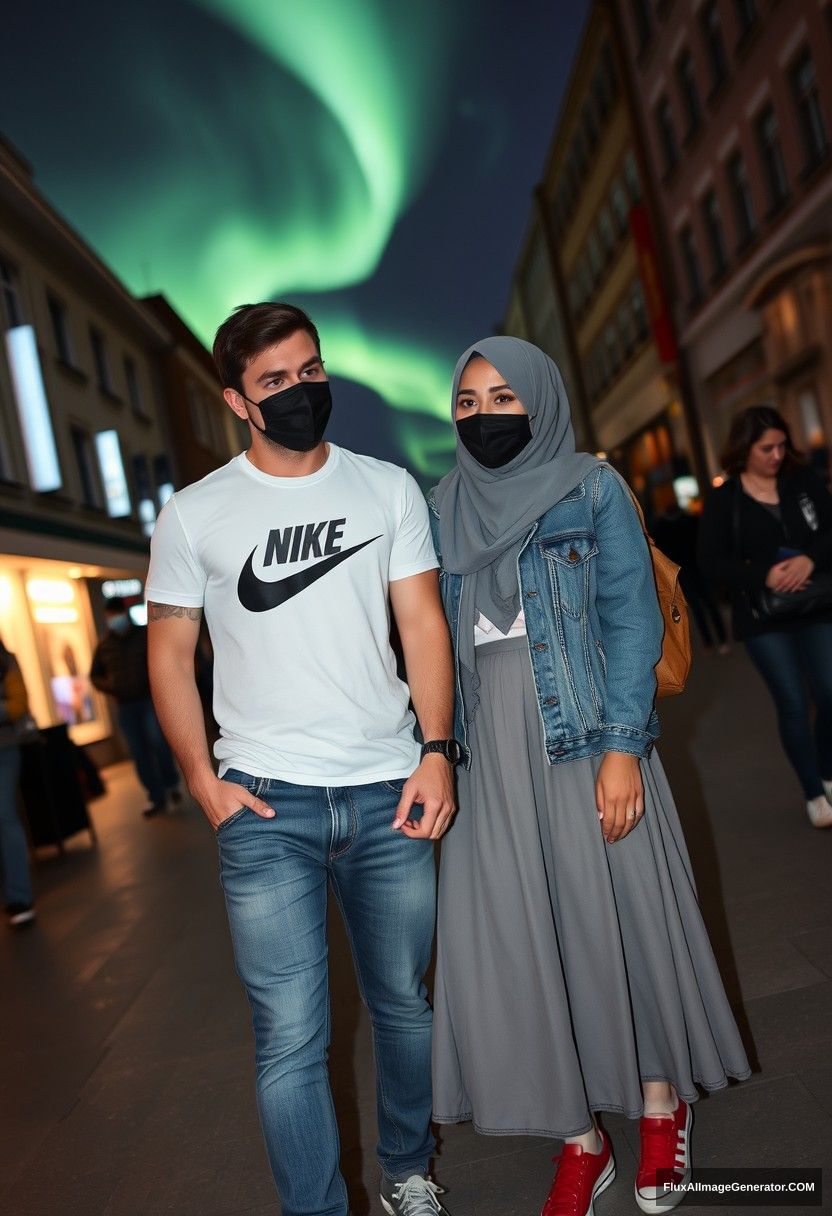 Jamie Dornan, handsome, black face mask, white Nike t-shirt, jeans, sneakers, dating romantically with a gray hijab Muslim girl, beautiful eyes, black face mask, jeans jacket, very long and big skirt, not a tall girl, red sneakers, holding hands, in town, black glasses, photorealistic, street photography, full photography, selfie photos, night scenery, aurora.