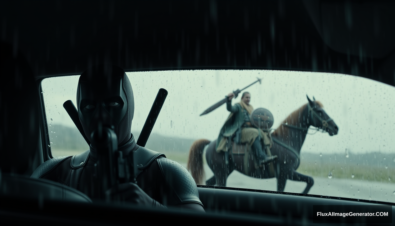 On a rainy day, the atmosphere in the play is quite oppressive, with rain washing over the car windows, and the water blurring the scenery inside the car. The silent figure of Deadpool, Odin riding a horse while holding a gun, and that mortal, an ordinary father, who rebels against the gods.