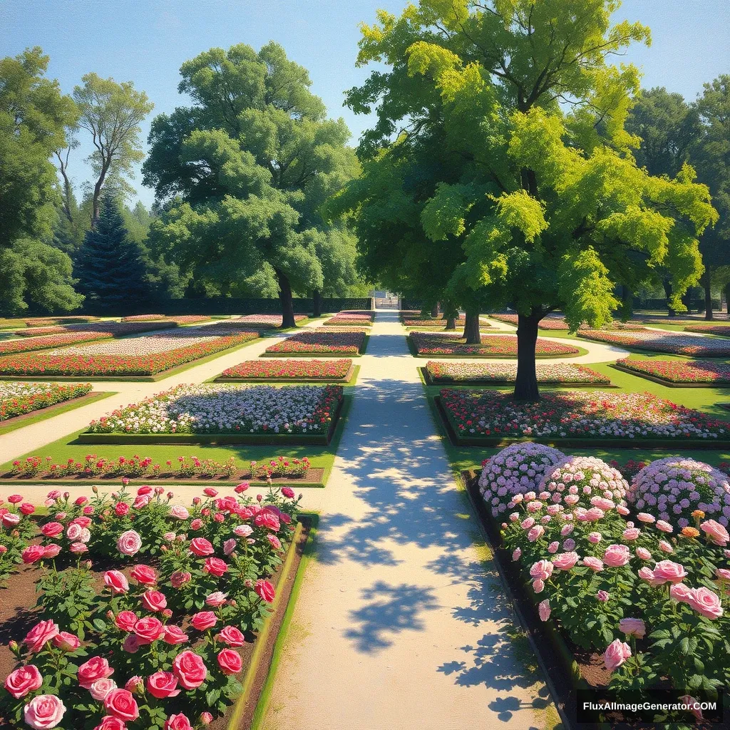 Impressionist Painting of a park in Europe with rose patches, many paths, and flowers nicely ordered. Trees casting shadows on the pathways.