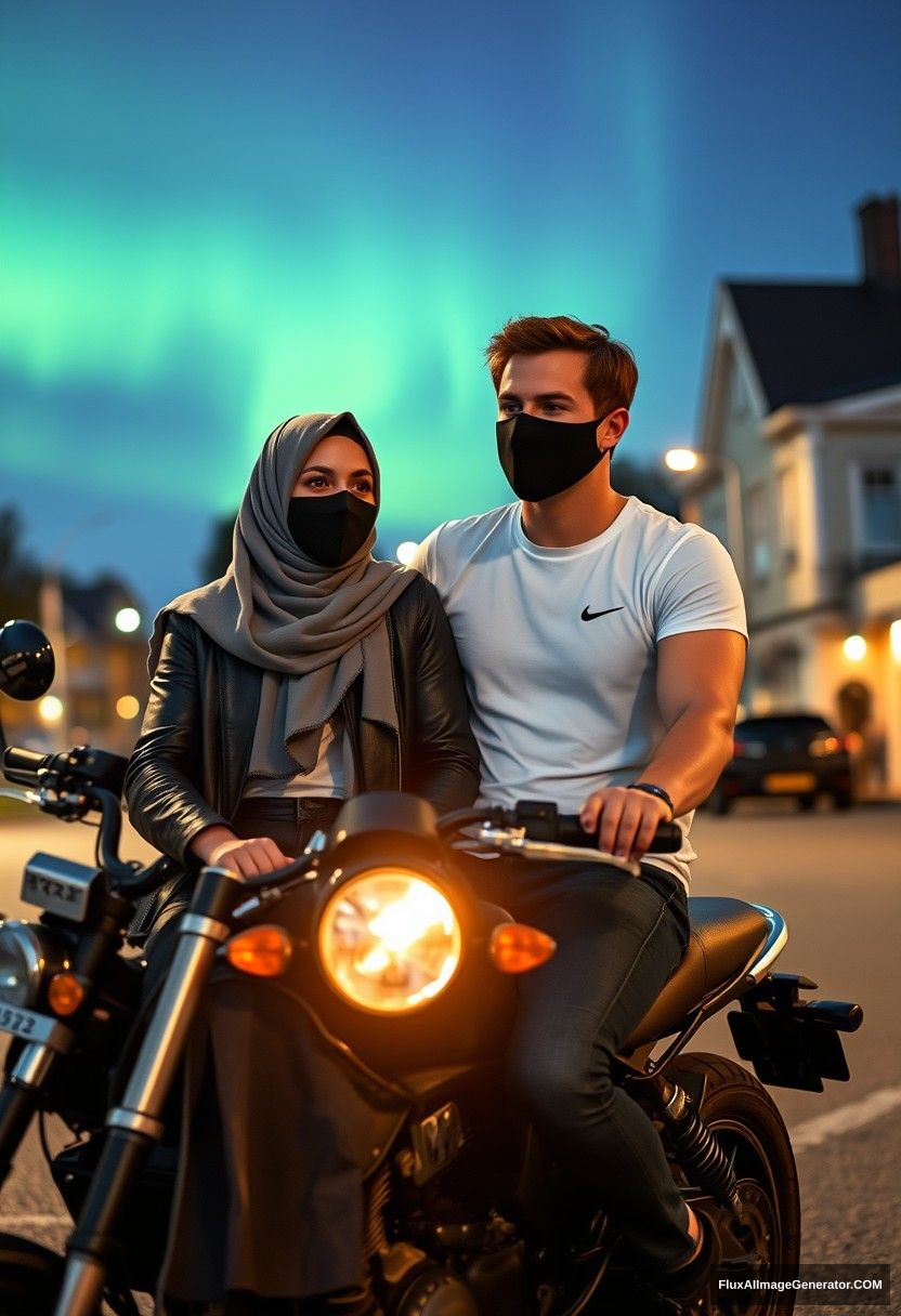 Jamie Dornan, tall and young, wearing a black face mask, a white Nike T-shirt, and jeans, riding a motorcycle, on a date in a romantic setting with a grey hijab-wearing Muslim girl with beautiful eyes, also wearing a black face mask and a leather jacket, paired with a very long and large skirt, and not a tall girl. 

They sit together on the motorcycle in the town, captured in photorealistic street photography, at night with an aurora borealis in the background.