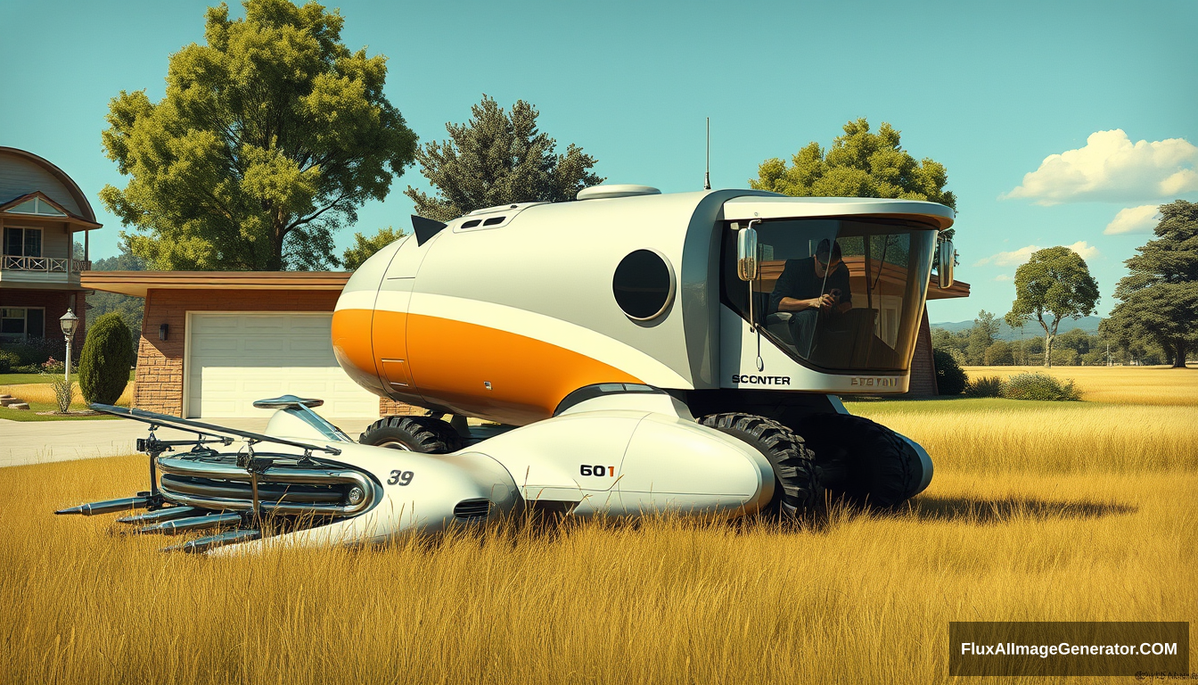 A futuristic combine concept from the 1970s sitting in front of a mid-century modern house, as painted by Syd Mead, in a country setting, 4k, metal-flake paint.