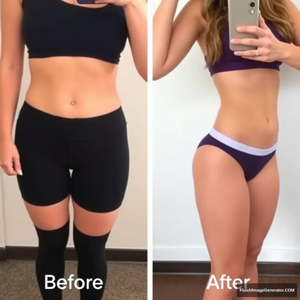 Fitness model influencer Emma's before-after photos. Her waist is half the width of her hips.