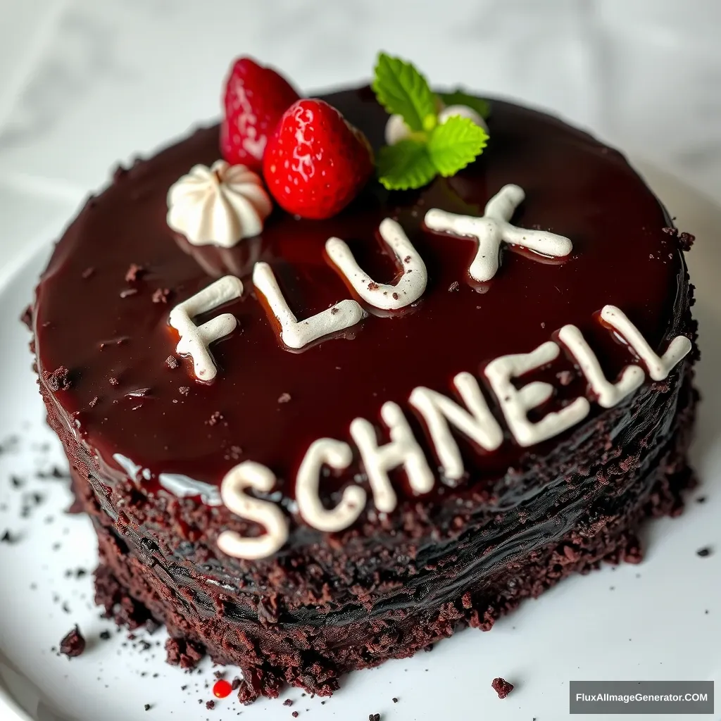 "Black Forest cake with the inscription 'FLUX SCHNELL', delicious, food photography, dynamic shot." - Image