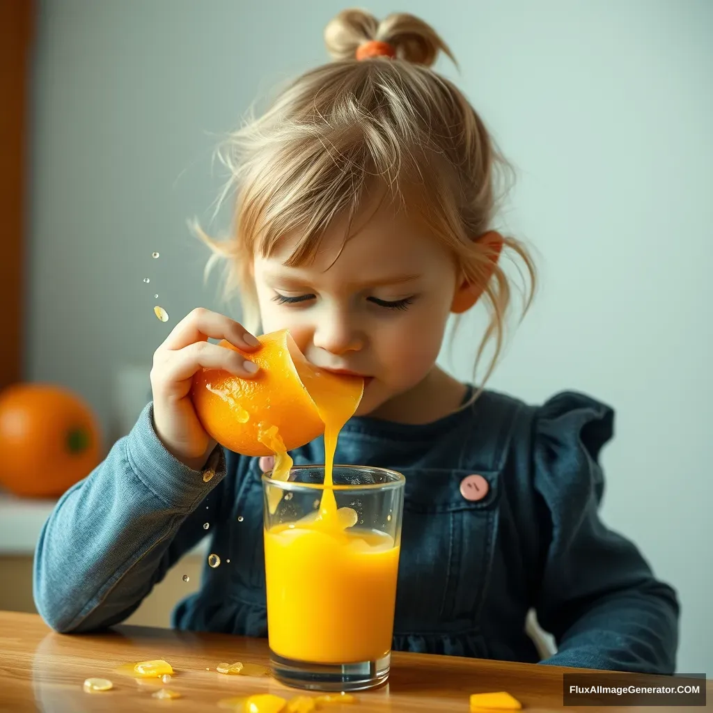 Small girl drinking orange juice splash advertisement. - Image