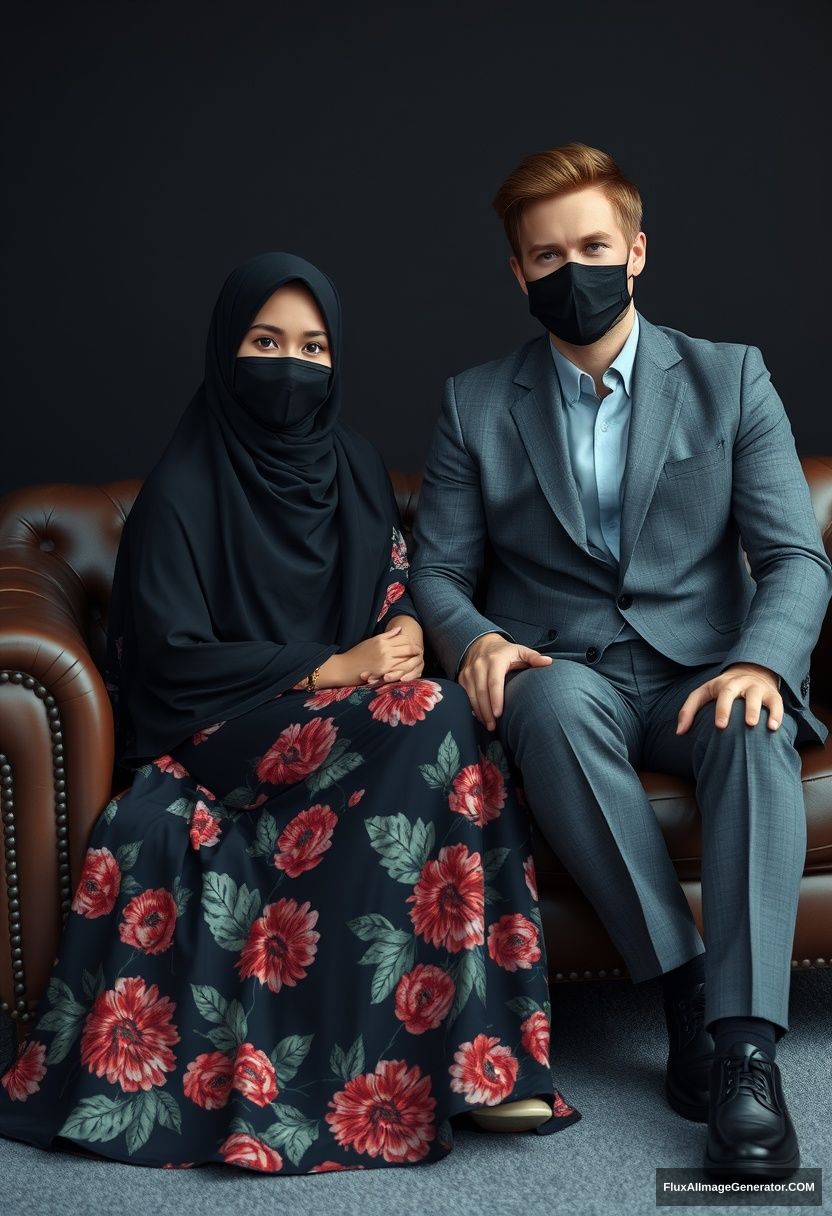 A biggest black hijab girl, slim girl, beautiful eyes, face mask black, biggest floral longest dress, sitting on leather single wing sofa,

Jamie Dornan, youngest, grey suit coat, black leather sneaker, tall man, face mask black, fit body, sitting near her,

hyper realistic, studio photography. - Image