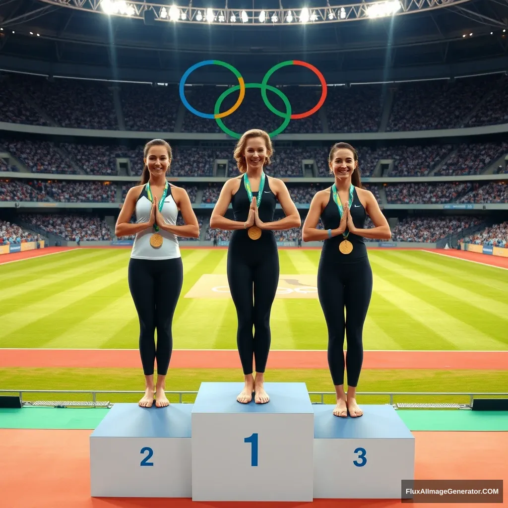 "Yoga has become an Olympic sport. So imagine three female yoga athletes standing side by side on the podium in the center of the stadium with the Olympic rings, receiving gold, silver, and bronze medals. The podium is marked with 1, 2, and 3. I think the pose for receiving the awards should be the Namaste position with hands together in front of the chest." - Image