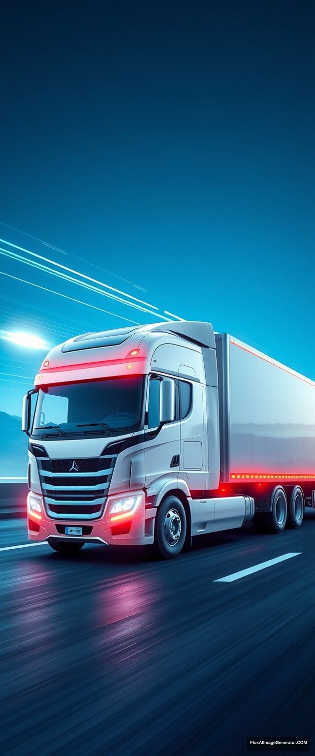 The truck has simple and dynamic lines, driving high-tech trucks, speed lines, glow, the overall picture is bright and clean, full of future, science and technology, blue atmosphere, showing the whole body, panoramic view.