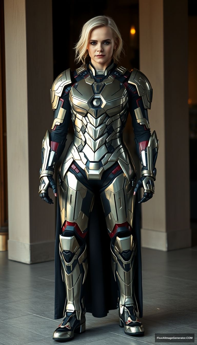 Emma Watson wears Iron Man styled armor, metallic boots, large breasts, platinum colored hair. - Image