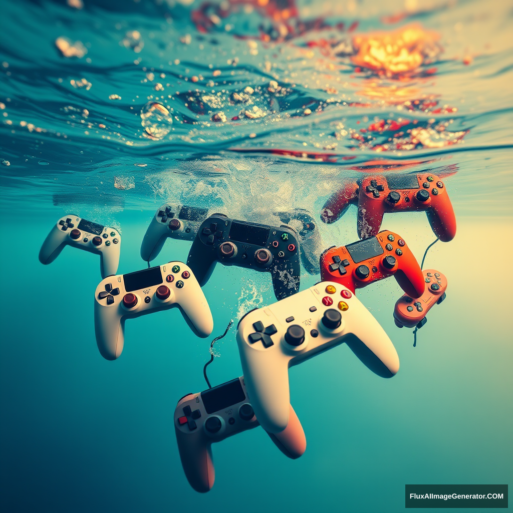 Water colored, many game controllers, falling into the water and drowning. - Image