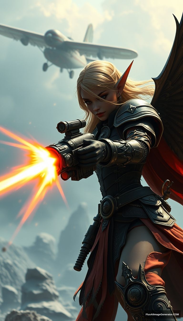 The elegant and gorgeous girl elf warrior is shooting at a zeppelin with a ship-destroying laser gun, in the style of Warhammer 4000, 8K, Unreal Engine. - Image