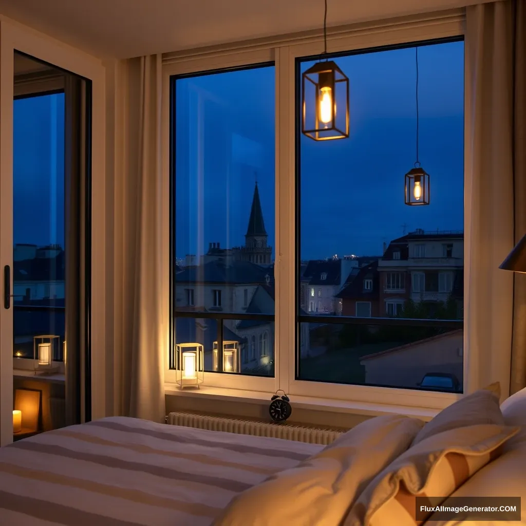 Glass window, modern bedroom apartment in France, lantern lighting, night scenery, 2:00 AM on a small clock on a small desk behind the bed, hyper-realistic, photorealistic.