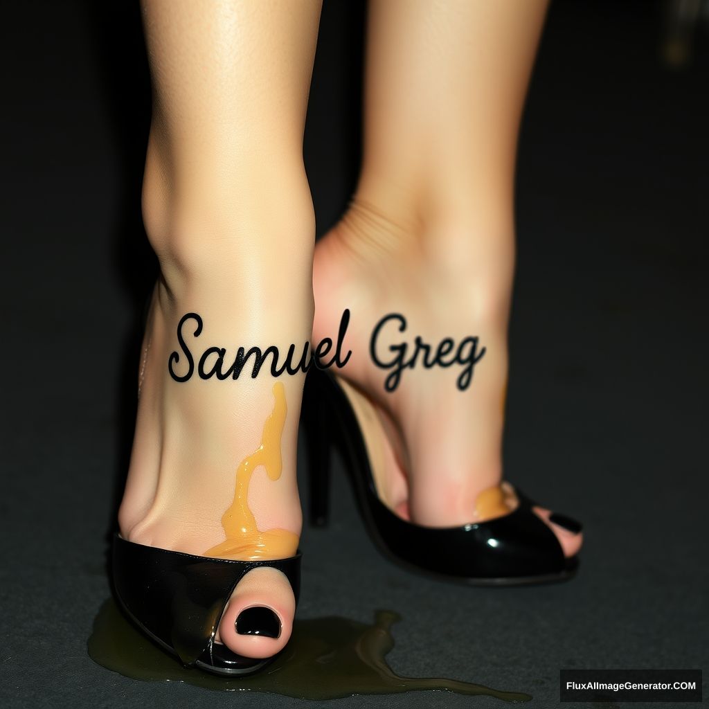 The name "Samuel Greg" on a woman's foot in a black high heel. There is oil all over the foot.