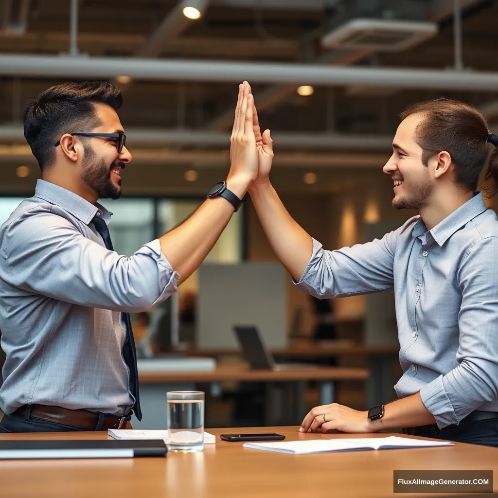 An office worker giving a high five to another office worker. - Image