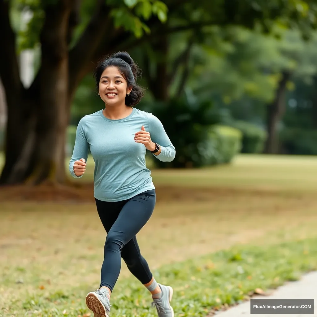 A woman running, Asian, young mother, wearing yoga clothes. - Image