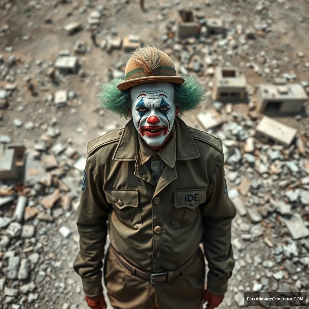 A very sad crying clown in an IDF uniform standing in the middle of ruins. Bird's eye perspective from afar.