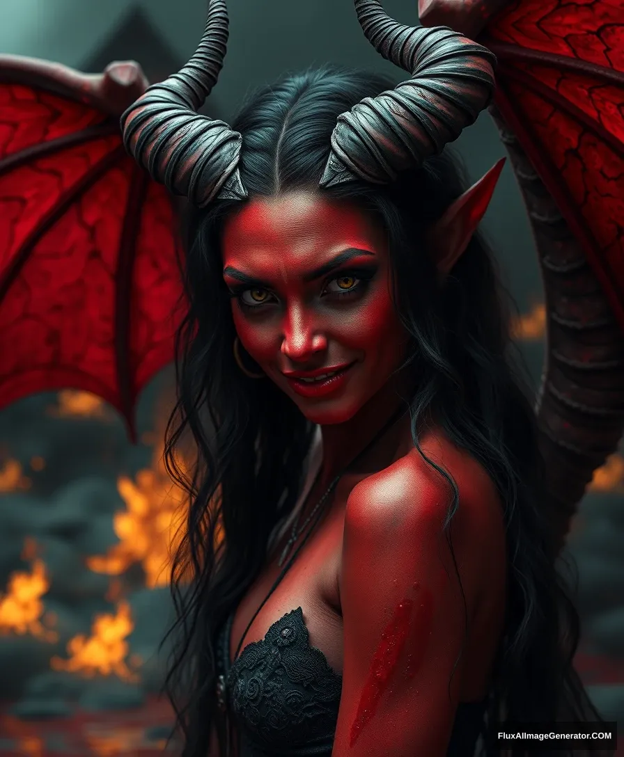 Realistic red-skinned demon girl, long black wavy hair, twisted horns, demon girl, evil smirk, drawing red water, demon wings in the background, background of a burning house, a lot of small details, hyper detail, acceleration, speed, dark exposure, the highest quality, the highest detail, ambient lighting, intricate, exquisite details and textures, sharp focus, high resolution, detailed eyes, 8k uhd, nikon d850, high quality, film grain, hyper-realistic skin (detailed skin: 1.3), dynamic poses. - Image