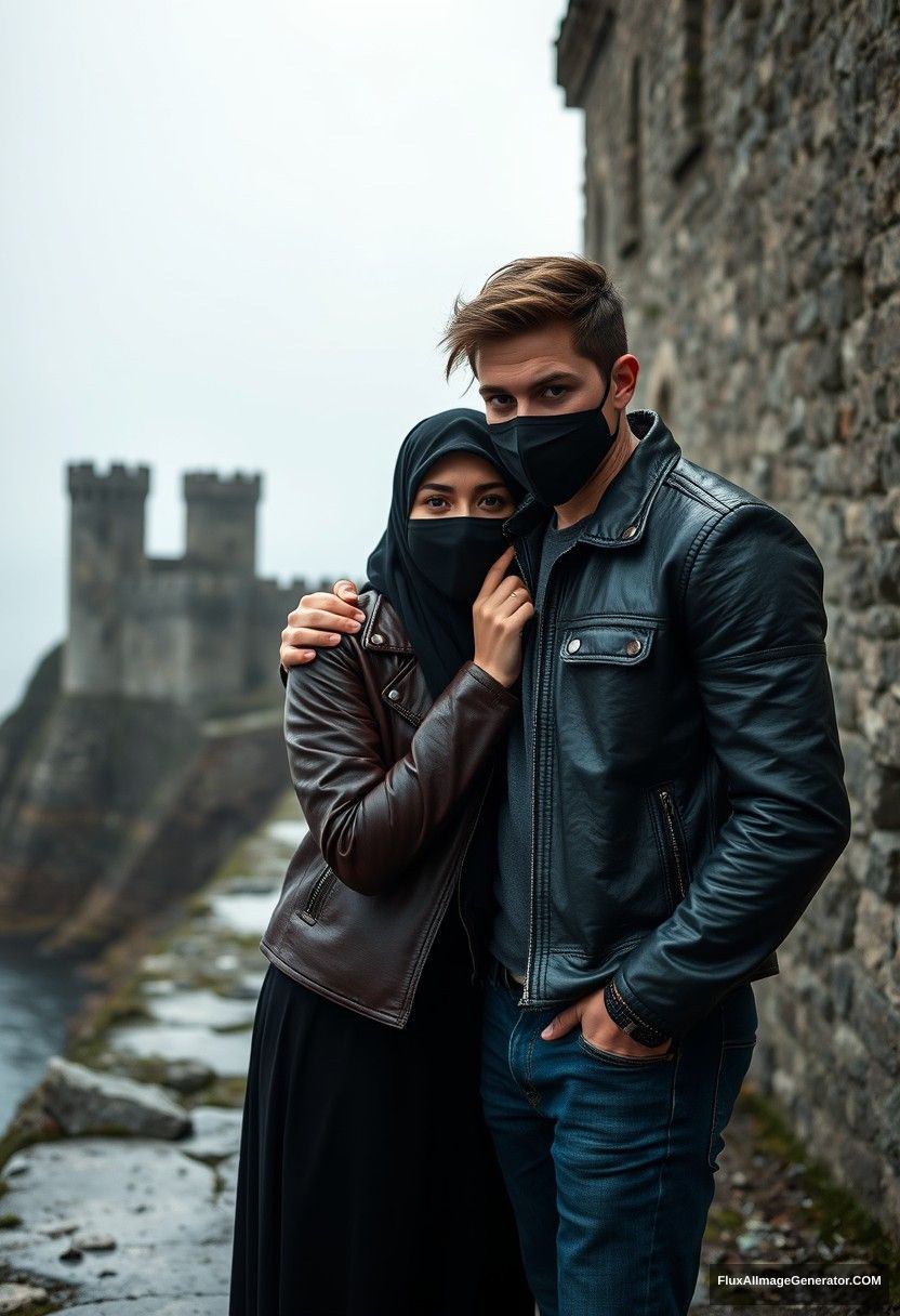 Jamie Dornan's head and body shot, handsome, youngest, black face mask, black leather jacket, jeans, dating, love with the biggest black hijab Muslim girl, not tall, beautiful eyes, face mask, maroon leather jacket, biggest black skirt, holding his shoulder, hyper-realistic, studio photography, full body photo, exploring an abandoned castle, at sea, gloomy scenery. - Image