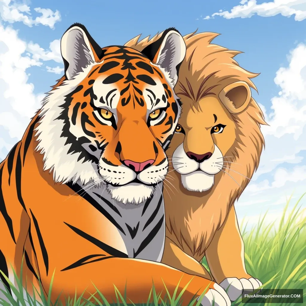 A tiger with a lion, anime. - Image