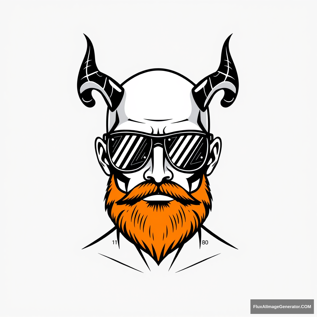 Logo design: Minimalist vector illustration of a bald human male, three-quarter view. Striking aviator glasses reflect digital circuits. Demonic horns curl from temples. Fiery ginger beard blends seamlessly with trimmed mustache. 3D printer layer lines texture skin. Futuristic dystopian vibe. Monochromatic color scheme.