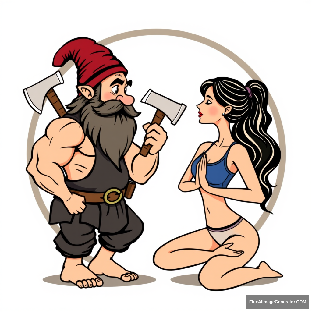 Typical yoga center logo, but with a muscular dwarf with a beard and axe flirting with a woman by touching her nose in a yoga pose.