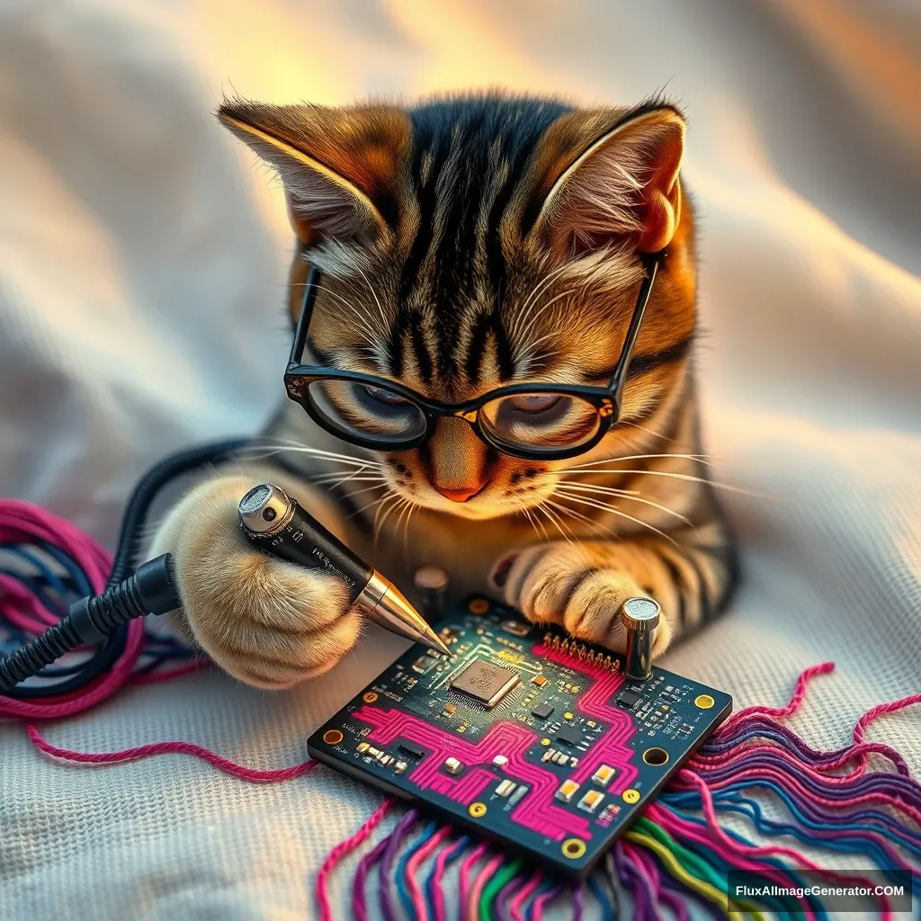 A mischievous tabby cat, wearing tiny spectacles, meticulously solders a circuit board with a miniature iron. Vibrant threads weave intricate patterns, mimicking electronic pathways. Soft fabric backdrop, warm lighting. Delicate French knots form components. Style: Hyper-realistic embroidery art, blending traditional craftsmanship with modern technology.