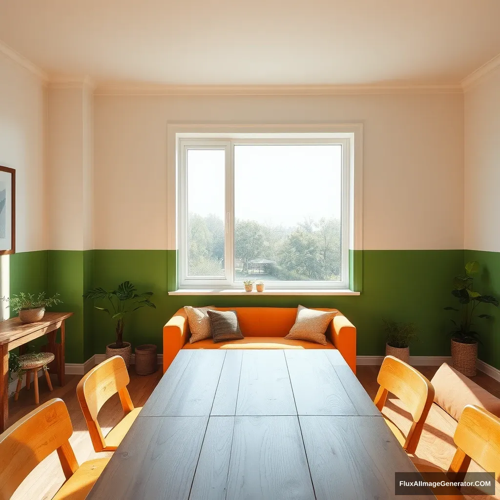 A cozy room, with one large window in the middle. It is sunny, but the light is not blinding. The room has a wooden eating table towards the window. The paint on the wall is both eggshell white and green with a horizontal line dividing them, the green at the bottom. There is a sofa with a small sofa table, and some plants and light bulbs, to make it cozy. The window is very big, 1.5x1.5 meters. The wood on the tables is the same, and the color of the sofa is a shade of orange. - Image