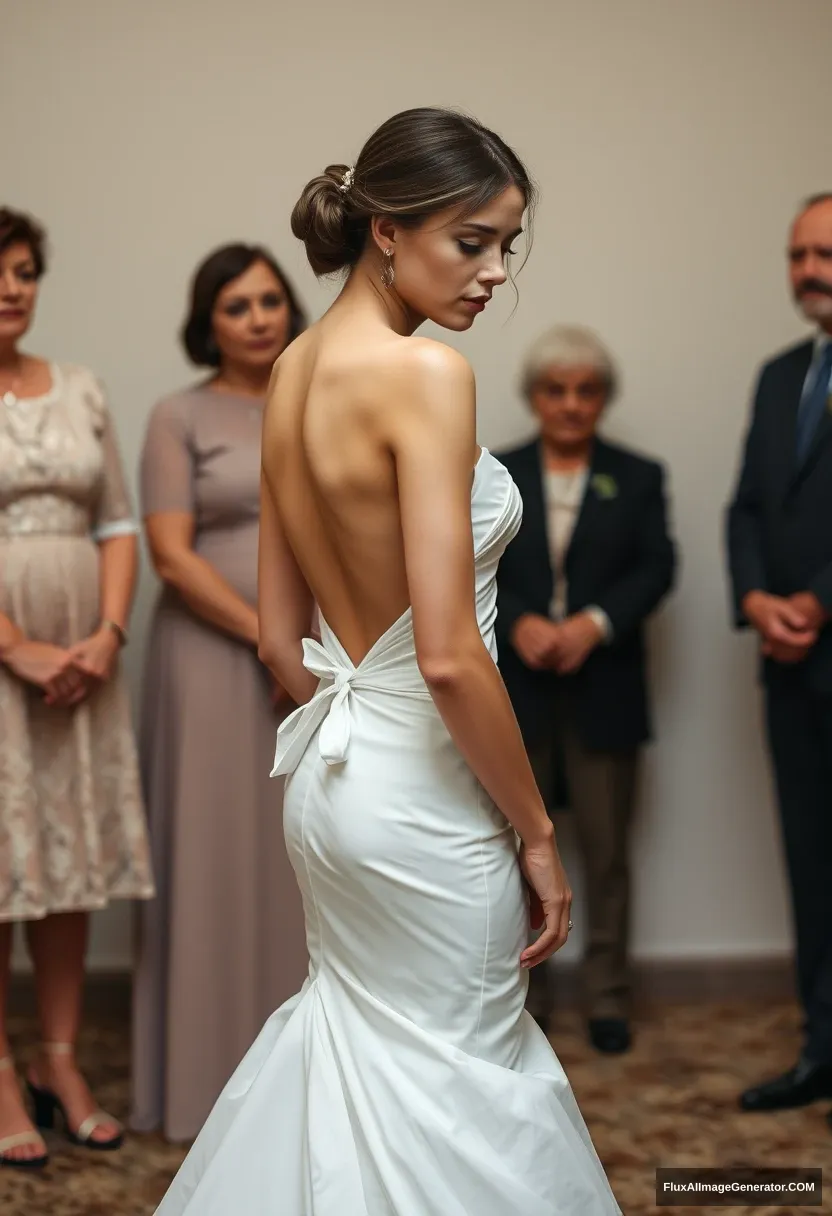 A short young woman, sensitive, delicate, ashamed, wearing a backless, strapless, side-less, low-waisted, open-back contouring wedding dress that's starting to come undone, in front of elder patriarchy, expectations. - Image