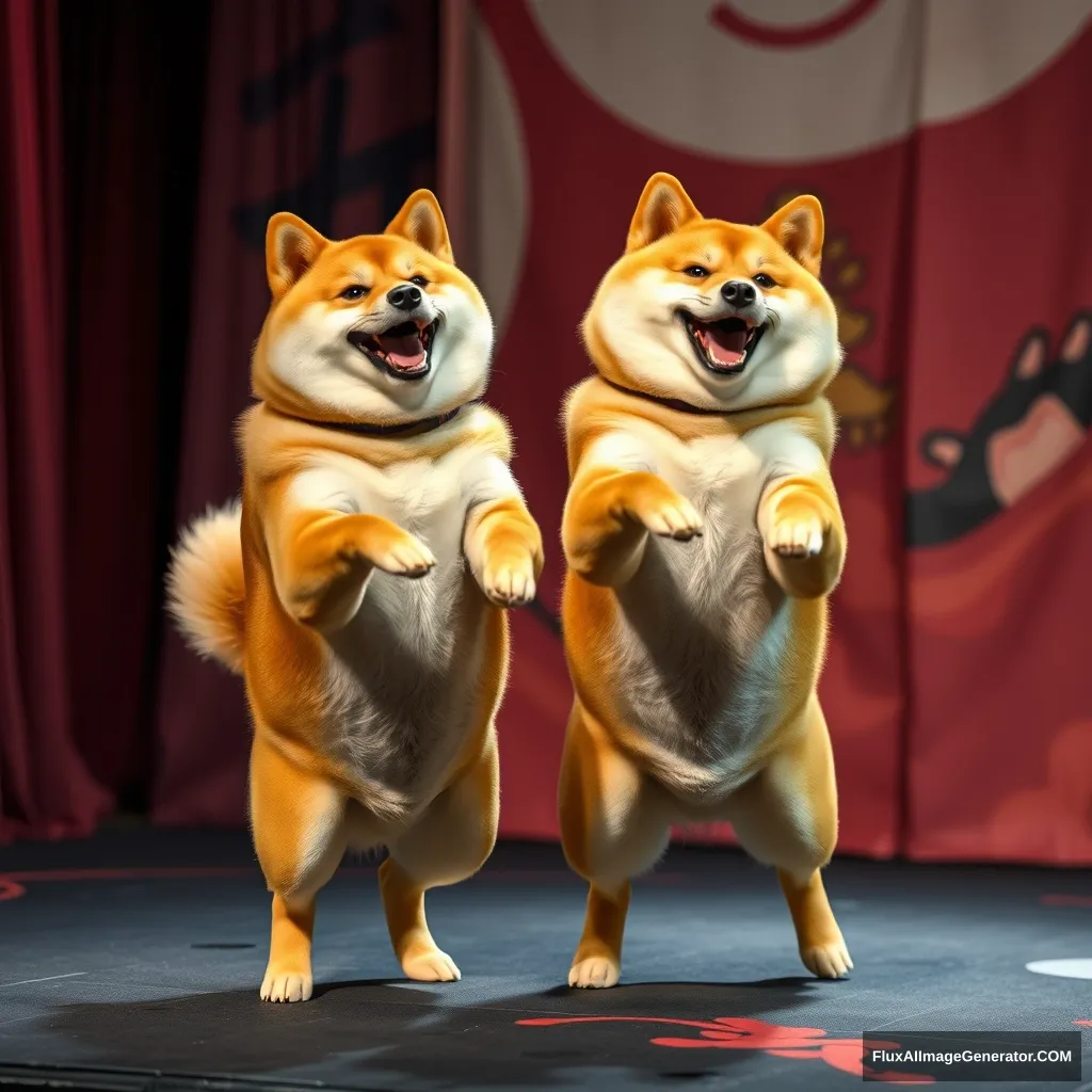 Two Shiba Inus are dancing on a bizarre stage. - Image