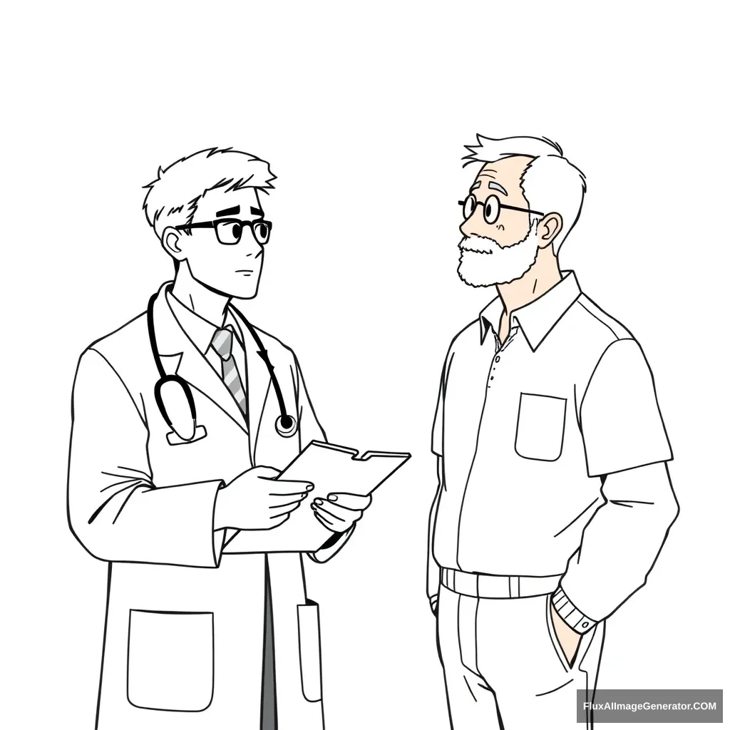 A doctor is taking notes and talking to a middle-aged man next to him, minimalist style, simple black and white line drawing, white background, anime style. - Image