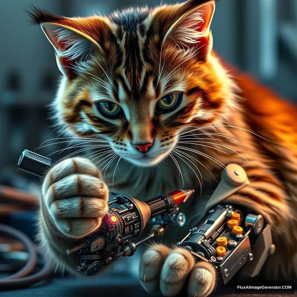 A cybernetic feline with lifelike fur meticulously repairs its exposed mechanical leg, wielding a precision screwdriver. Intricate gears, pulsing circuits, and shimmering fiber optics intertwine within the limb. Hyper-realistic details capture every whisker, reflecting workshop lights on polished metal components. Determination gleams in its eyes. - Image