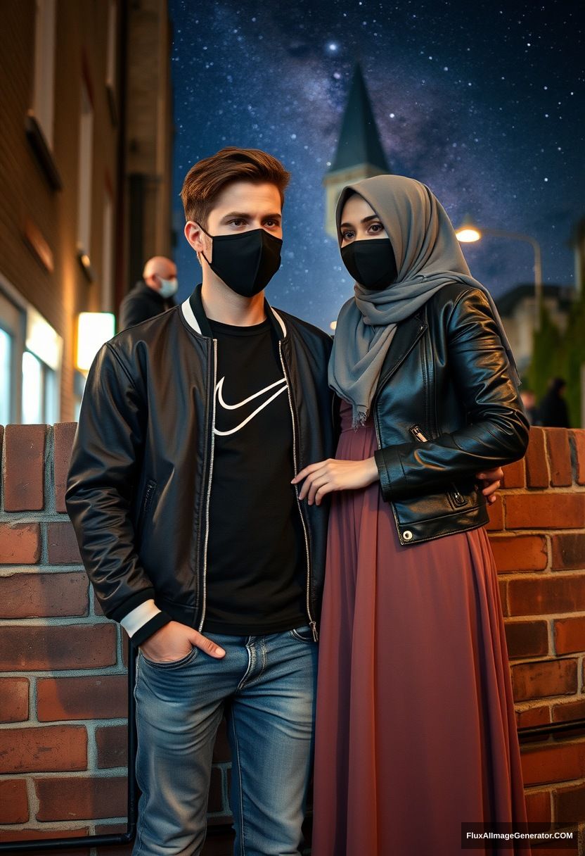 Jamie Dornan, youngest, black face mask, collage jacket, Nike t-shirt, jeans, tall man, fit body,

Dating, love with the biggest grey hijab Muslim girl, beautiful eyes, black face mask, leather jacket, biggest longest skirt, slim untall girl, loves holding him

Standing at a brick wall, spoiler, in town, night scenery, Milky Way, hyper-realistic, photorealistic, street photography. - Image