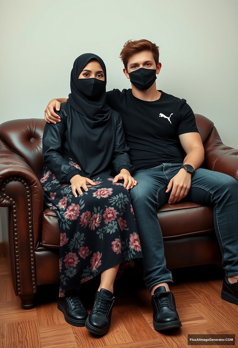 A biggest black hijab girl, slim girl, beautiful eyes, face mask black, black leather jacket, biggest floral long dress, black leather sneaker, sitting on leather single wing sofa, Jamie Dornan, youngest, puma black T-shirt, jeans, black leather sneaker, tall man, face mask black, fit body, sitting near her, hyper realistic, studio photography.