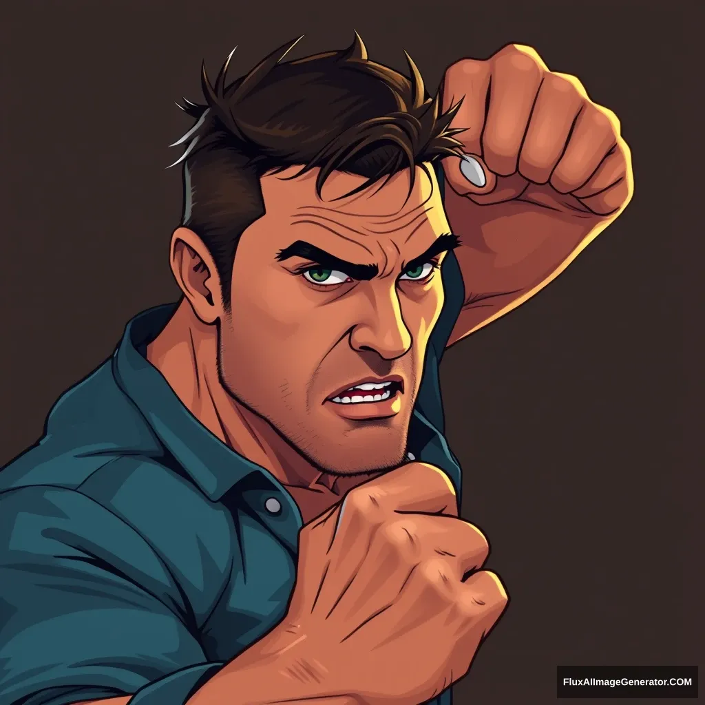 Cel shaded art, a strong man is trying to grab something, portrait, hand.