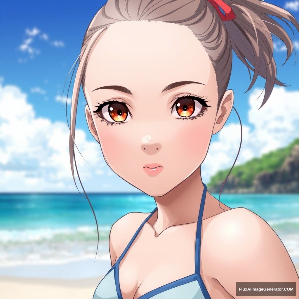 1 girl, on the beach, wearing a bikini, close up of the face, front view. - Image